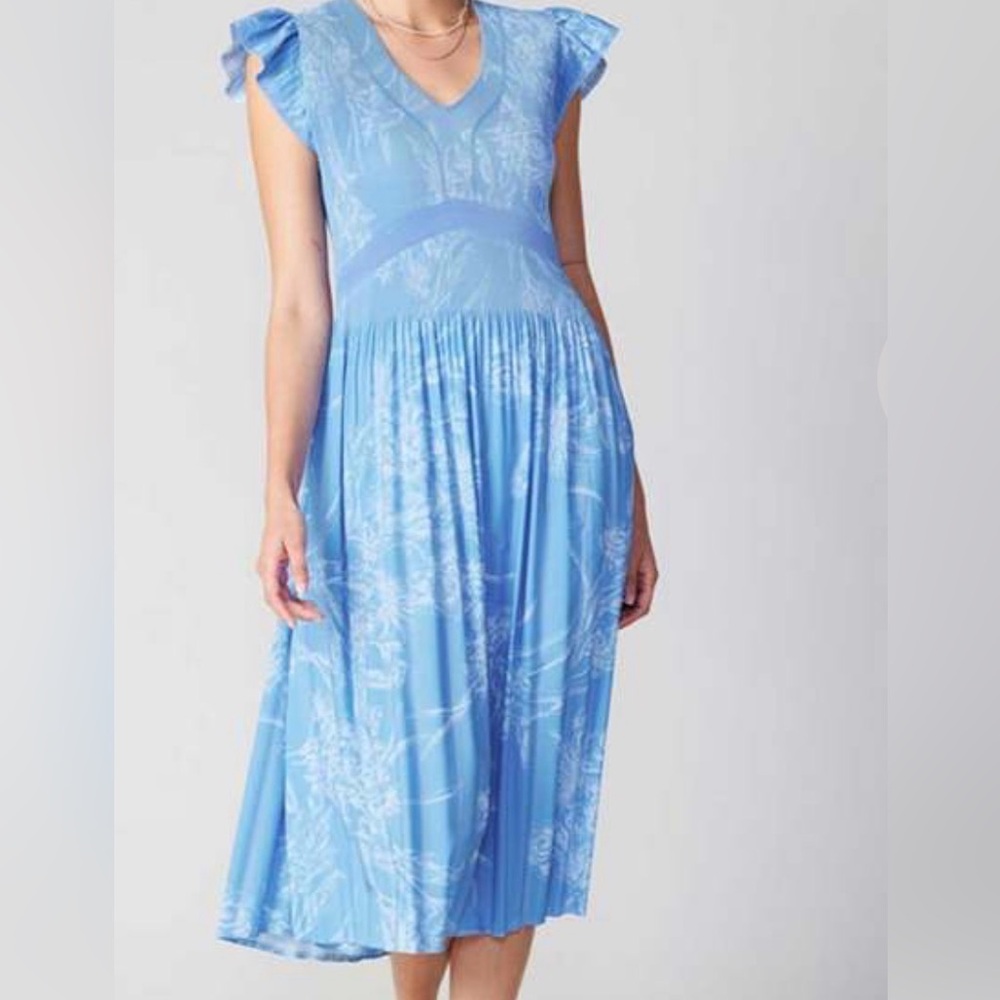 NEW! CURRENT AIR AUBREY pleated skirt MIDI DRESS DETAIL BLUE/ White sz small